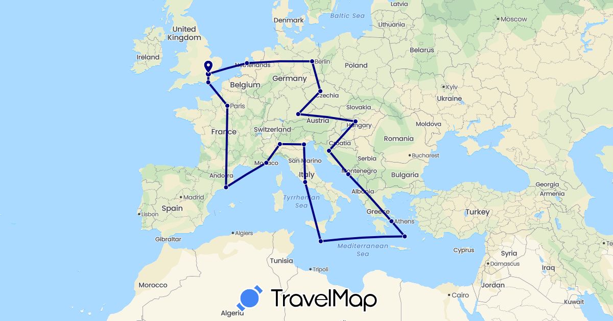 TravelMap itinerary: driving in Czech Republic, Germany, Spain, France, United Kingdom, Greece, Croatia, Hungary, Italy, Monaco, Malta, Netherlands (Europe)
